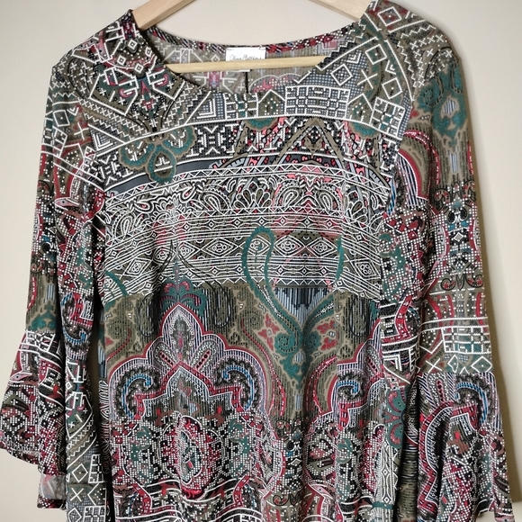 Vintage Boho Bell Sleeve Dress 1X Olivia Matthews Stretch Knit Fall Retro - Picture 3 of 8